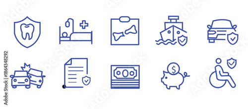 Blue Line Icons of Finance, Security, and Transportation