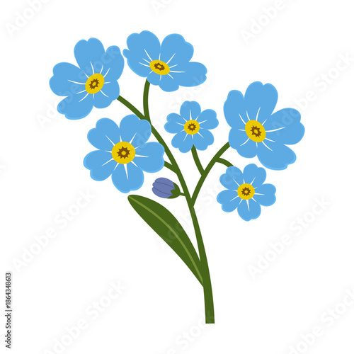 Blue forget me not bouquet illustration in soft flat floral style for botanical decoration, wedding stationery, greeting cards, surface pattern design, scrapbook, and spring inspired artwork.