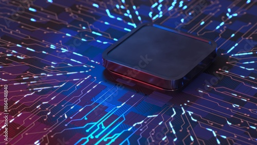 Detailed 3D illustration of a metallic processor embedded in a luminous electronic surface. Radiating blue and red light paths depict data movement, big data processing, and cybersecurity networks