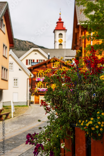 View of the old wooden houses in Andermatt, Switzerland.