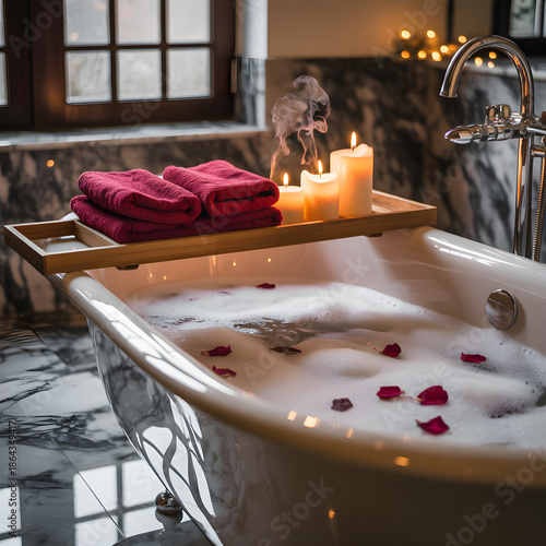 A Bathtub With A Candle And A Towel