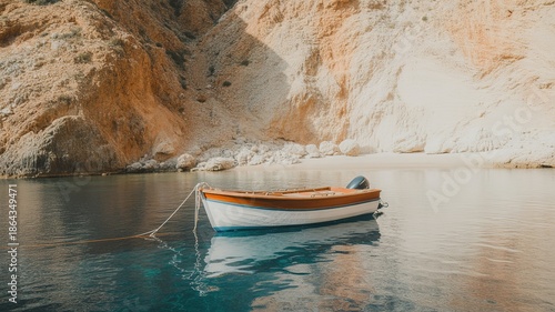 Small Wooden Boat Floating in Calm Turquoise Water by Rocky Coastal Cove