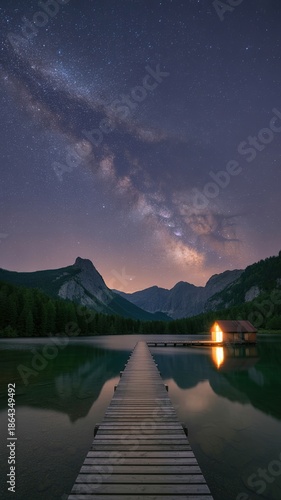 Milky Way Over Mountain Lake with Wooden Pier and Glowing Cabin at Night