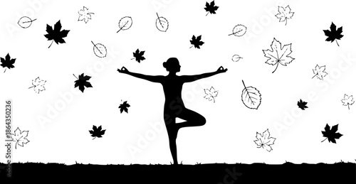 Serene yoga pose silhouette in nature with falling leaves artwor
