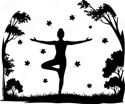 Serene yoga pose silhouette in nature with falling leaves artwor
