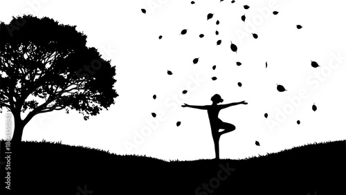 Serene yoga pose silhouette in nature with falling leaves artwor
