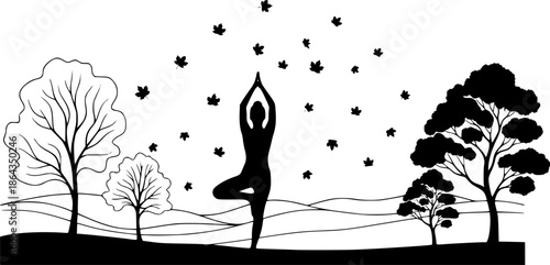 Serene yoga pose silhouette in nature with falling leaves artwor
