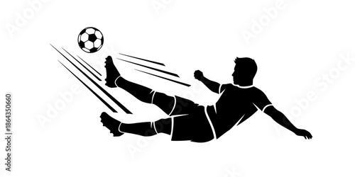 Football Striker Bicycle Kick Silhouette Black and White Vector Illustration
