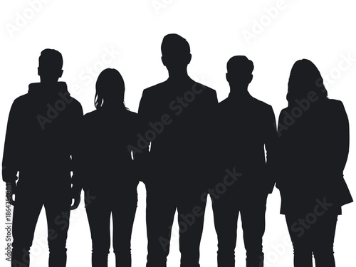 Silhouettes of Five People Standing Together in Business Attire on White Background