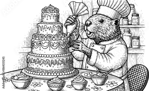 Engraved Illustration of a Beaver Chef Decorating a Cake