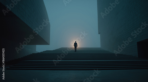 A solitary figure walks up a staircase towards a glowing light, surrounded by stark, modern architecture shrouded in mist.