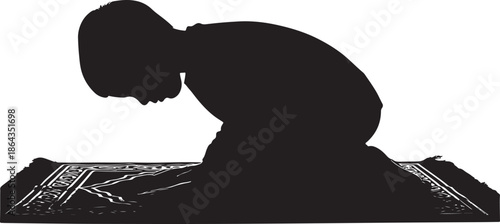 Silhouette of a Muslim Boy Praying on a Prayer Mat, Islamic Sujud Prostration Pose Isolated on White