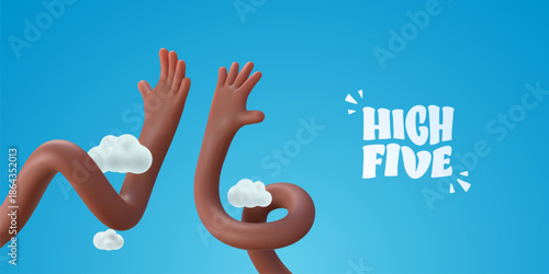 High Five Diversity Concept With Cute 3D Hands And Clouds Symbolizing Unity, Inclusion, Teamwork And Positive Energy. Inclusive High Fives. Vector Illustration