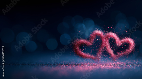 Glittering pink interlocking hearts forming a symbol of love on a dark blue bokeh background