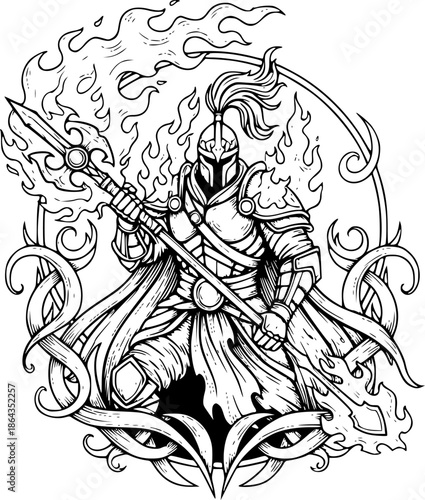 Mystical Warrior Engraving Illustration: Guardian of Flames