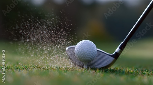 sports photography, a titanium driver strikes a golf ball, creating a sand explosion frozen in mid-air with vivid colors and sharp focus