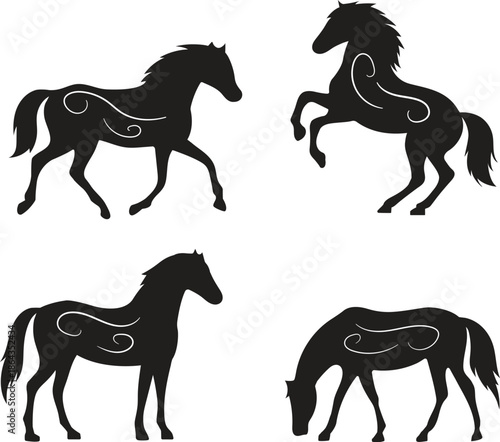 Horse silhouette vector clip art doodle illustration. Drawing of horses in various poses for asset, design, chinese new year, zodiac, poster