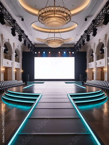 An opulent interior view of a grand ballroom stage with a runway and a large blank screen setup