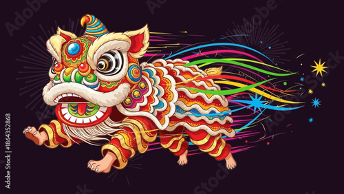 Vibrant Traditional Lion Dance Performance with Colorful Streamers