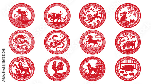 Traditional Chinese Zodiac animals paper cut set. 12 red round vector icons for Lunar New Year.