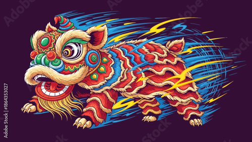 Dynamic Traditional Lion Dance Performance Illustration