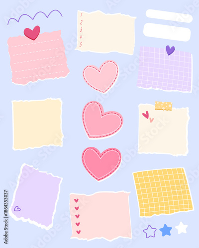Cute notes and paper hearts arranged as a visualization board, planner elements for girls. Vector illustration for school, sticky notes and creative layouts. Valentine's Day theme.