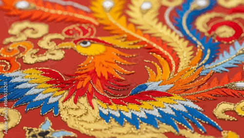Intricate Golden Dragon Embroidery Detail on Red Fabric