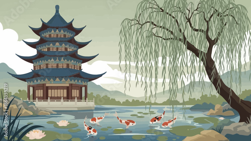 Serene Asian Garden with Pagoda and Koi Pond