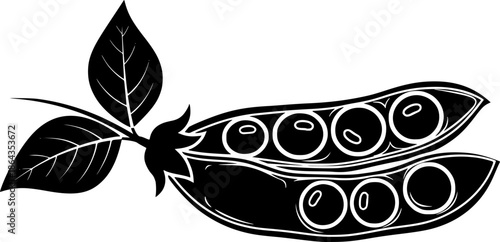 Stylish Black Silhouette Open Soybean Pod with Visible Beans and Two Leaves
