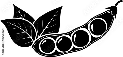 Stylish Black Silhouette Open Soybean Pod with Visible Beans and Two Leaves
