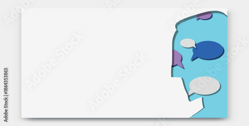 Psychology banner with human head and speech bubbles symbolizing communication, therapy sessions and mental support. Minimal design with empty space for text, ideal for courses and presentations.
