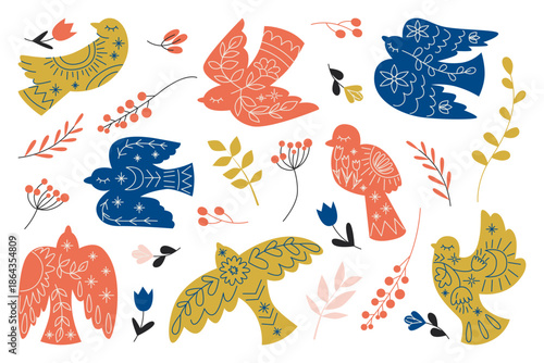 Set of Colorful Birds with Ethnic Folk Ornaments.