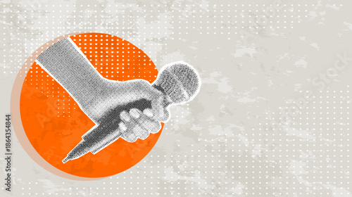 Trendy Halftone Collage Online Broadcasting concept. Hand with Microphone. Audio recording of interview. Talking in podcast. Contemporary vector illustration art
