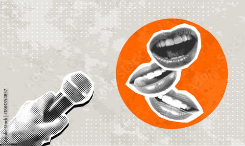 Trendy Halftone Collage mouths and microphone in hand. Collage banner would be fine for interview, podcast, news, public speaker or karaoke and singing.Halftone open mouth and mic. Vector illustration