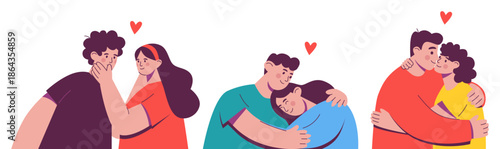 Set of Couples Hugs Scenes on Valentines Day.
