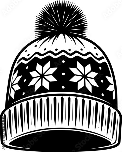 Knitted winter hat with pom and snowflake patterns vector
