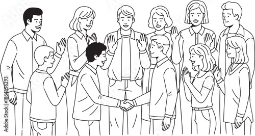 Diverse group of people witnessing two men shaking hands, community agreement illustration