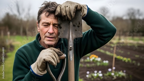 A gardener resting his head on a shovel, taking a break from work
