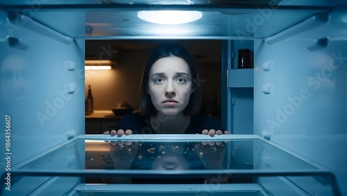 A woman staring inside of a nearly empty fridge with a worried expression, feeling of hunger or lack. A metaphor for the shortage of something, maybe lack of money, loneliness or other issues