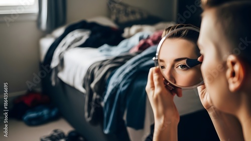 A woman applies makeup while looking at herself in the mirror, with a messy bed in the background.