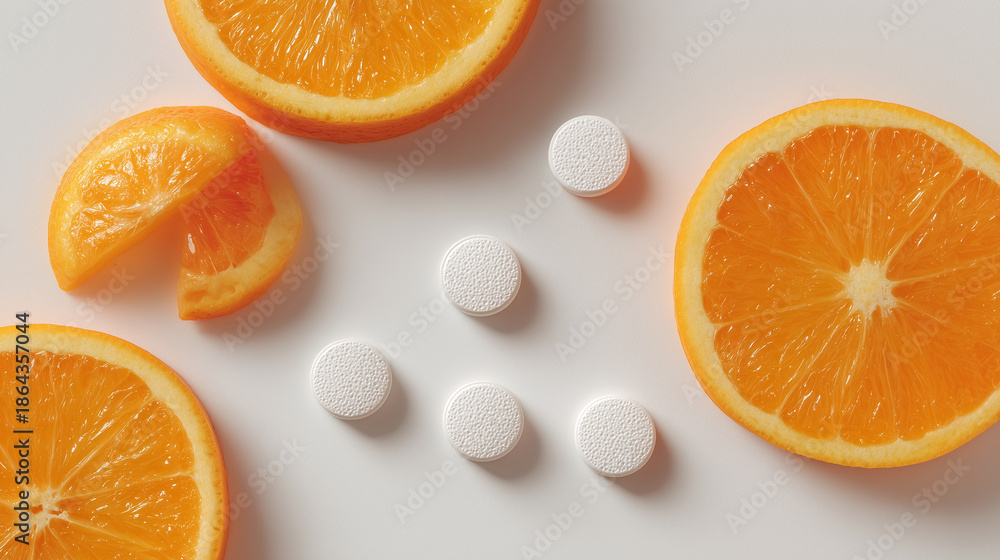 Fototapeta premium Minimalist Vitamin C Supplement with Fresh Orange Slice - Healthcare and Wellness Concept