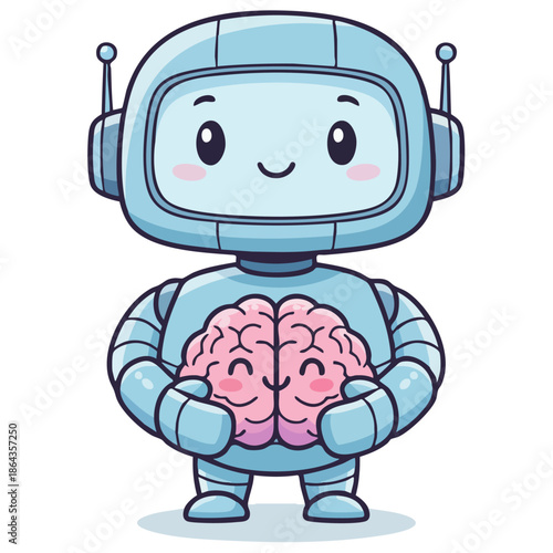 AI robot holding happy human brain. Artificial intelligence and emotional intelligence concept. Adorable robot caretaker supporting mental health. Whimsical Tech illustration: brain behind the bot