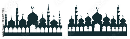 Two distinct silhouette designs of grand mosque skylines with multiple domes and tall minarets against white