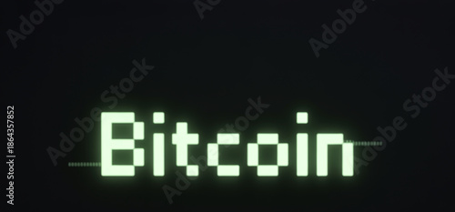 Glowing pixel style bitcoin text on dark background retro digital currency banner for cryptocurrency trading concept fintech marketing blockchain technology headline and modern finance wallpaper