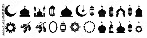 Horizontal banner of isolated black islamic icons including moon mosque lantern prayer mat star and date elements