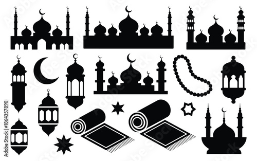 Collection of black silhouettes representing islamic culture and religious elements for celebration
