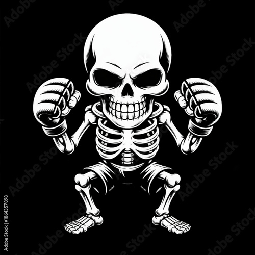 skeleton mma fighter with clenched fists in bold white graphic style on black background spooky halloween character logo for gaming merch t shirts stickers streetwear and horror themed branding