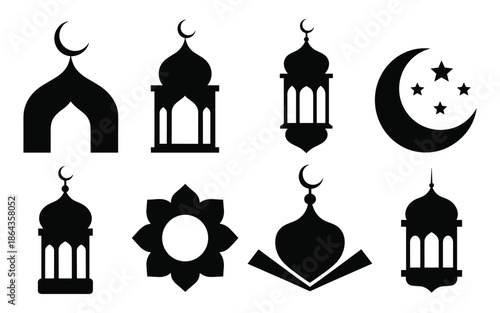 Set of eight black islamic themed graphic elements featuring mosque arch lantern crescent moon and star shapes