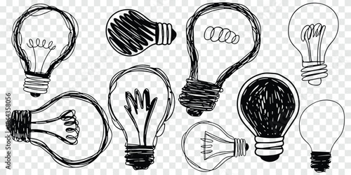 Collection of Hand Drawn Sketchy Light Bulbs Representing Ideas Set