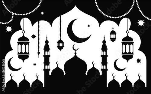 High contrast black and white scene of elaborate mosque facade with framing lanterns and symbols